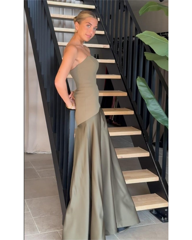 2024ss sexy strapless patchwork dress