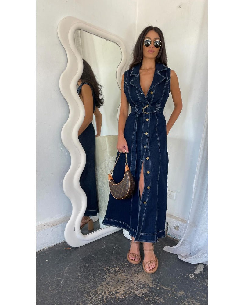 2024ss sexy deep V lapel imitation denim dress