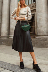 Elevated Classic Faux Leather High Waist Pleated Midi Skirt