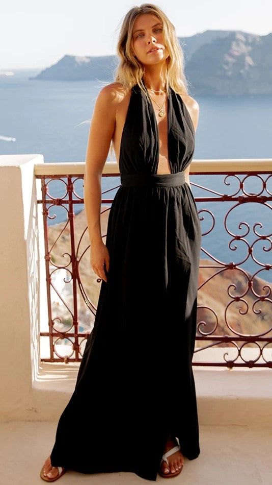 Black Plunging Neckline Maxi Dress