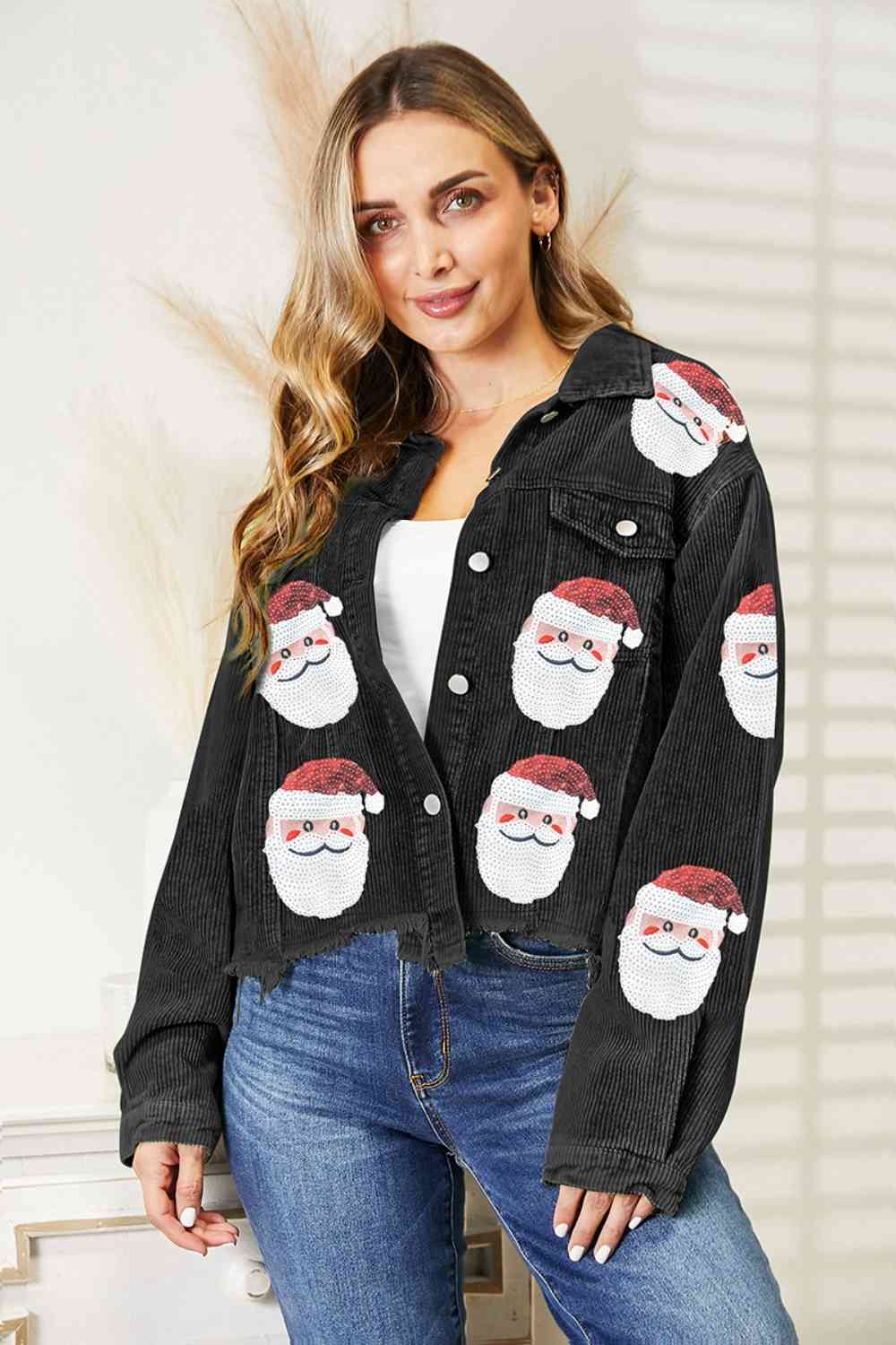 Jacke mit Weihnachtsmann-Pailletten und offenem Saum