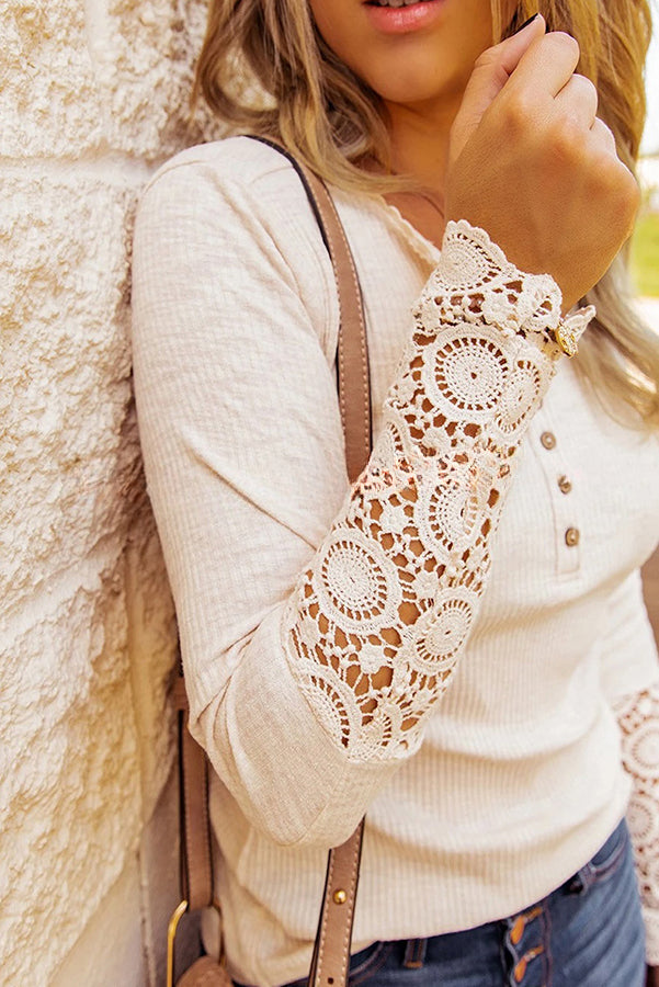Solid Color Button Crochet Lace Long Sleeve Top