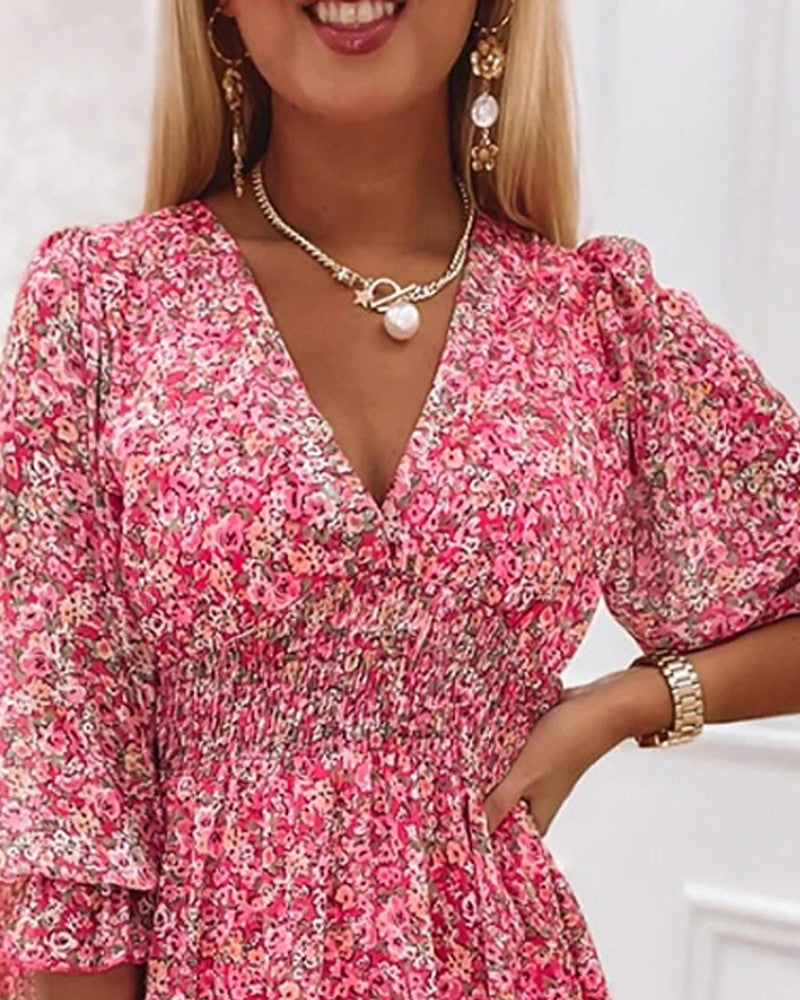 Ditsy Floral Print Puff Sleeve Ruffle Hem Shirred Dress
