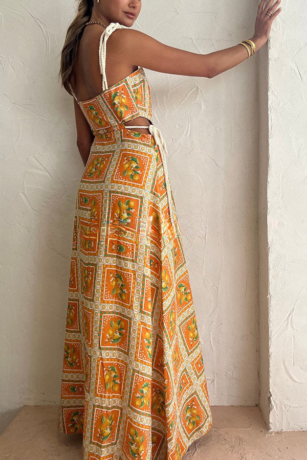 Orange Summer Printed Linen Blend Cutout Tie-up Design Maxi Dress