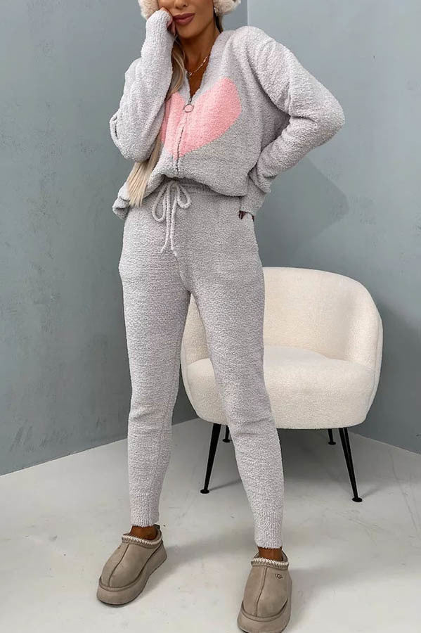 Listen To Your Heart Printed Plush Zipper Hooded Lounge Coat
