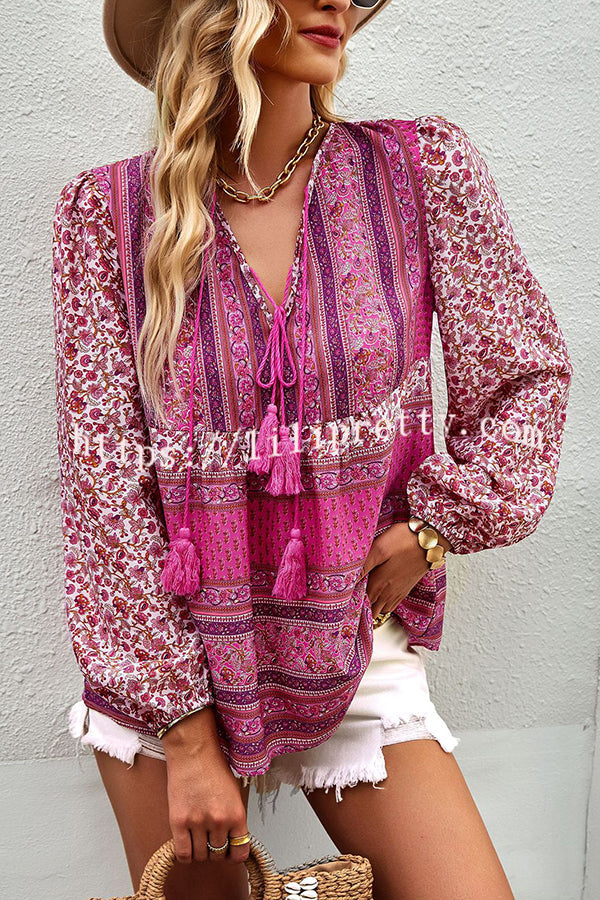 Romantic Season Boho Print Tassel Long Sleeve Shirt