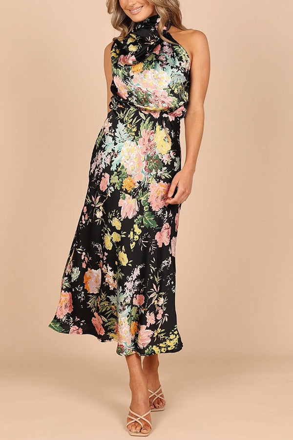 Green Floral Satin Midi Dress