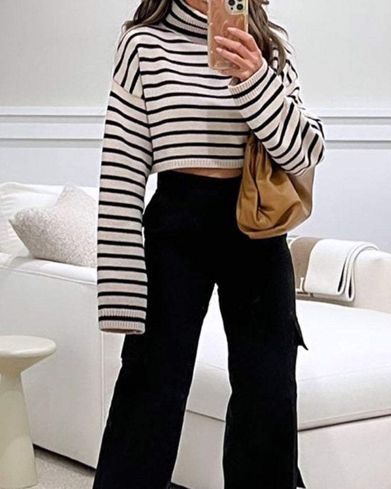 Turtleneck Striped Sweater & High Waist Overalls Two-Piece Set