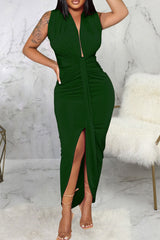 Black Sexy Solid Patchwork Asymmetrical V Neck Irregular Dress Dresses