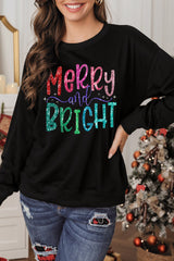 Black Merry and Bright Heat Transfer Printing Graphic Christmas Pullover Sweatshirt