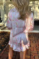 Weekend Retreat Satin Printed Velvet Bows Elastic Waist Pocket Pajama Shorts Set