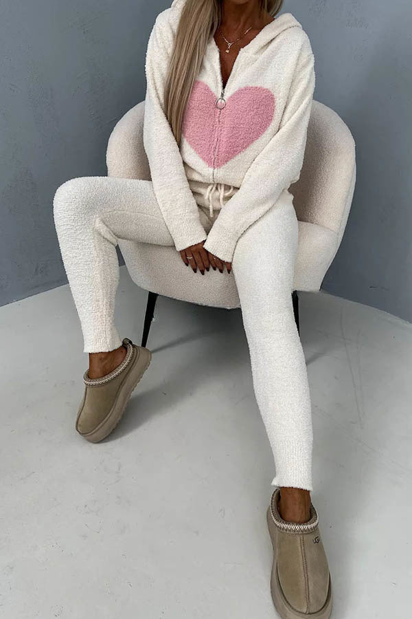 Listen To Your Heart Printed Plush Zipper Hooded Lounge Coat