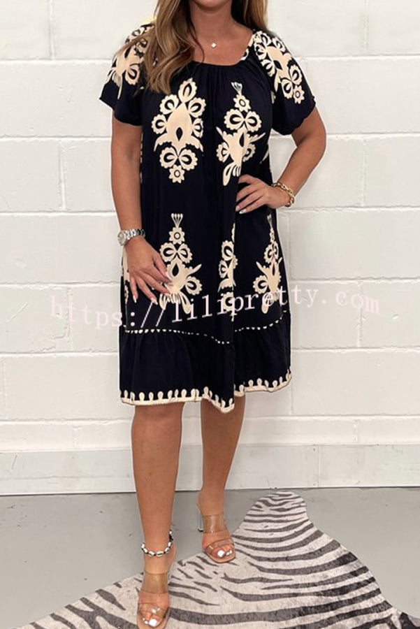 Geometric Pattern Multi Print Square Neck Dress