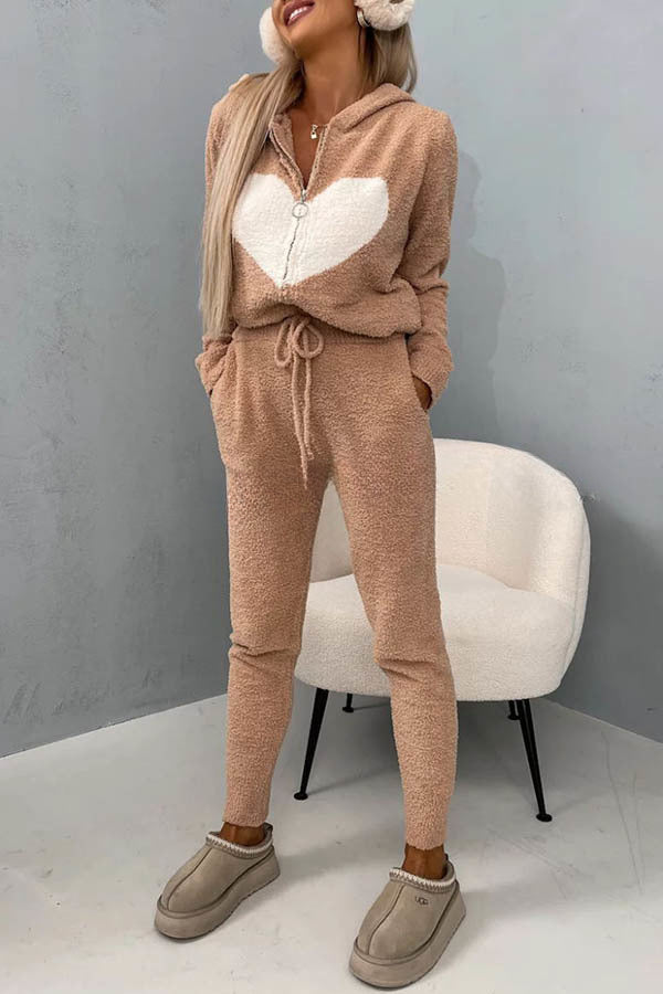 Listen To Your Heart Printed Plush Zipper Hooded Lounge Coat