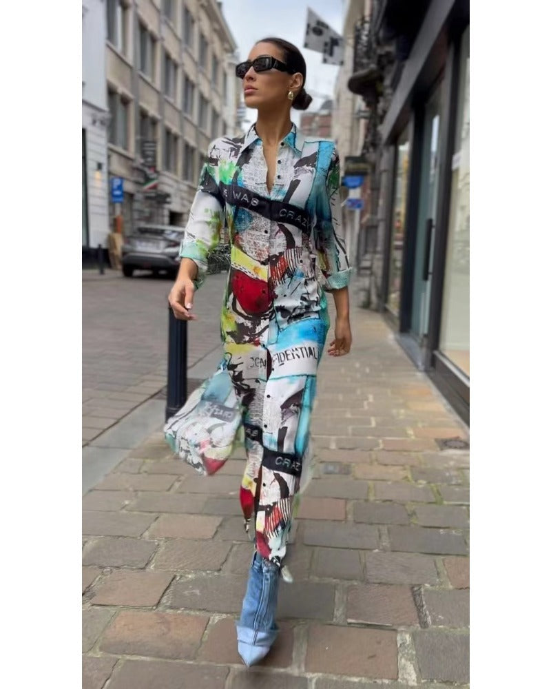 2024ss sexy lapel print casual dress