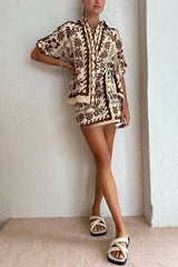 Embrace Hot Nights Linen Blend Ethnic Print Button Shirt and Knotted Waist Mini Skirt Set