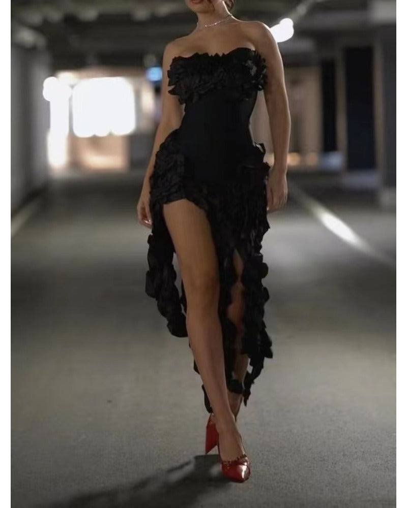 2024ss sexy strapless floral ruffle dress