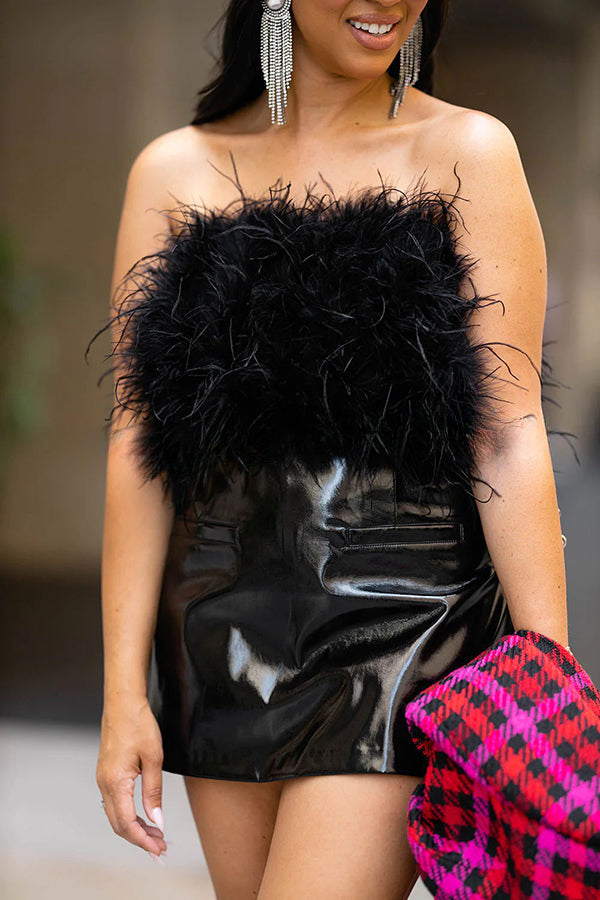Fancy Night Out Off Shoulder Feather Crop Top