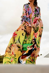 Jessy Tropical Print Tiered Ruffle Balloon Sleeve Vacation Maxi Dress