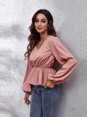 Bluse mit V-Ausschnitt, Ballonärmeln und Schößchen