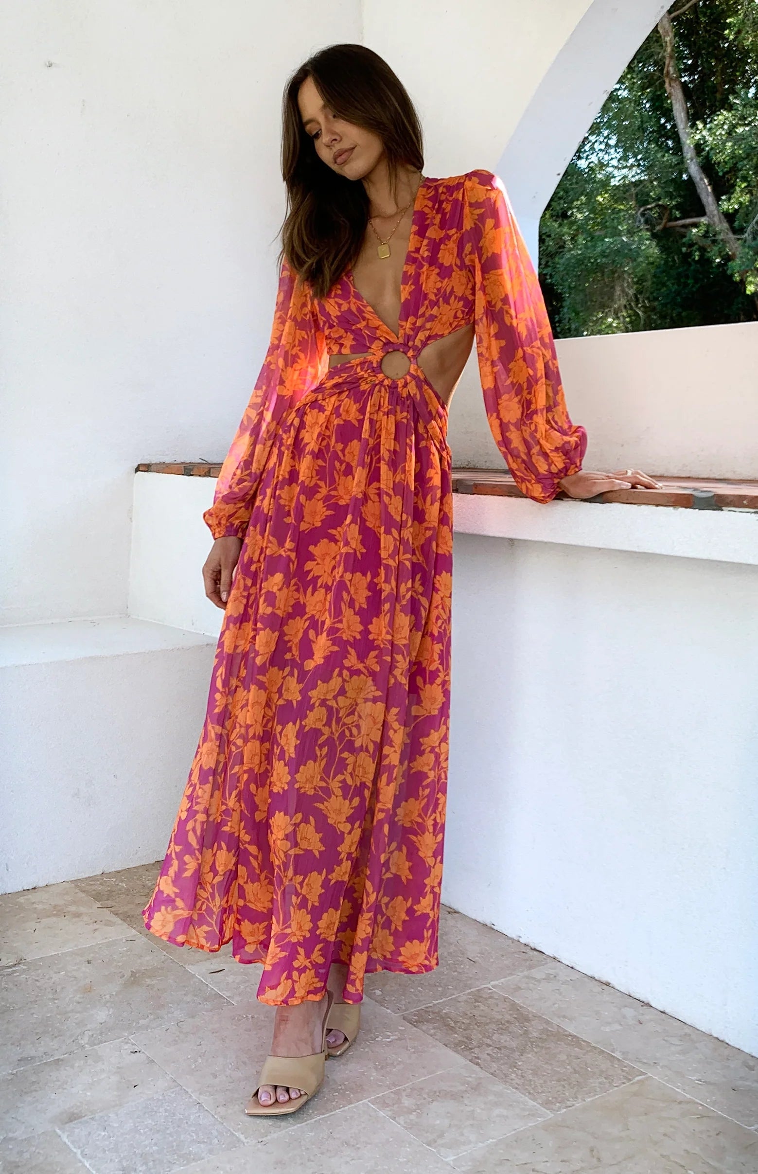 Orange Floral Long Sleeves Midi Dress
