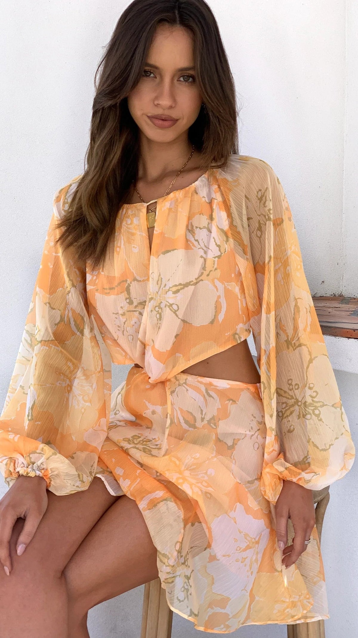 Orange Floral Chiffon Mini Dress