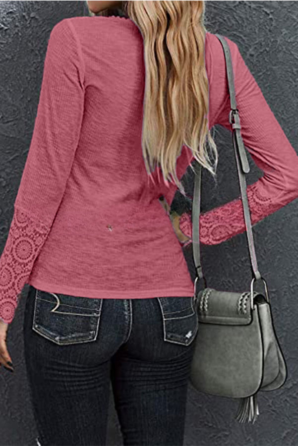 Solid Color Button Crochet Lace Long Sleeve Top