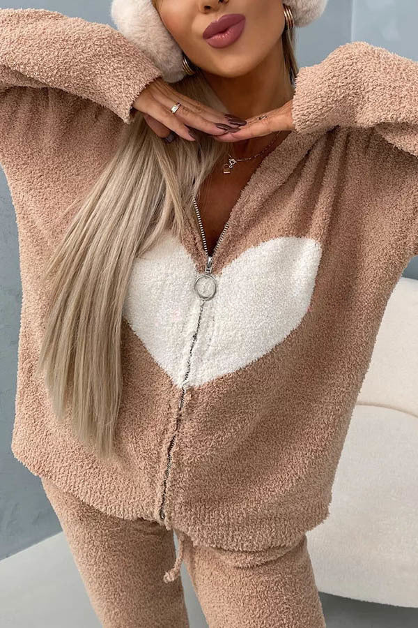 Listen To Your Heart Printed Plush Zipper Hooded Lounge Coat
