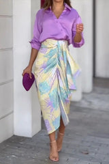 Solid Button Down Shirt and Floral Print Ruched Midi Skirt Two Piece Set