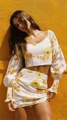 Yellow Floral Long Sleeves Crop Top