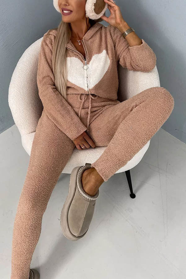Listen To Your Heart Printed Plush Zipper Hooded Lounge Coat