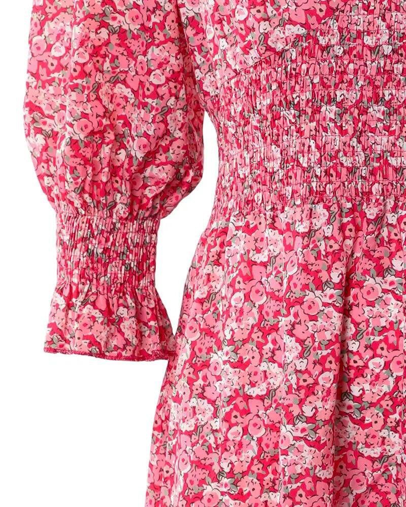 Ditsy Floral Print Puff Sleeve Ruffle Hem Shirred Dress
