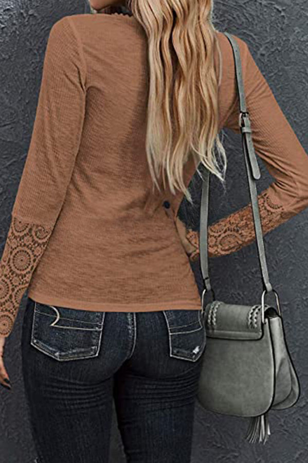 Solid Color Button Crochet Lace Long Sleeve Top