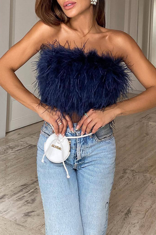 Fancy Night Out Off Shoulder Feather Crop Top