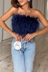Fancy Night Out Off Shoulder Feather Crop Top