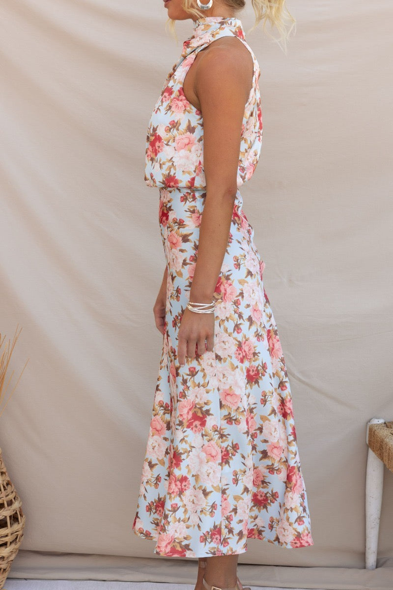 Green Floral Satin Midi Dress