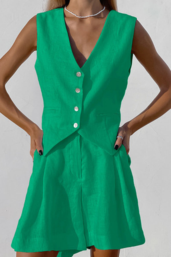 V Neck Sleeveless Single Breasted Top Side Pocket Shorts Set