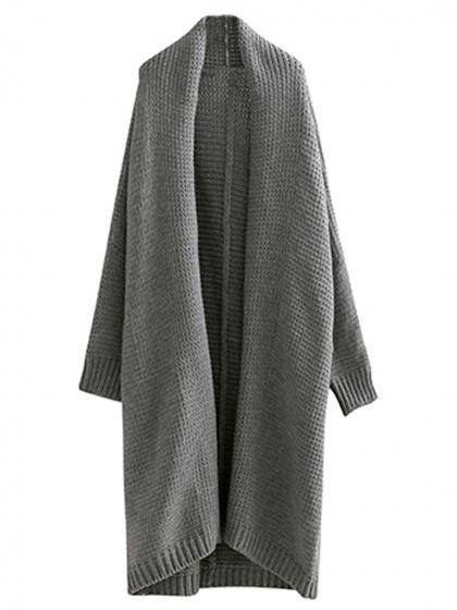 Gray Open Front Batwing Sleeve Chunky Longline Cardigan