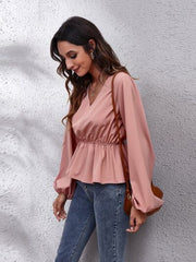 Bluse mit V-Ausschnitt, Ballonärmeln und Schößchen