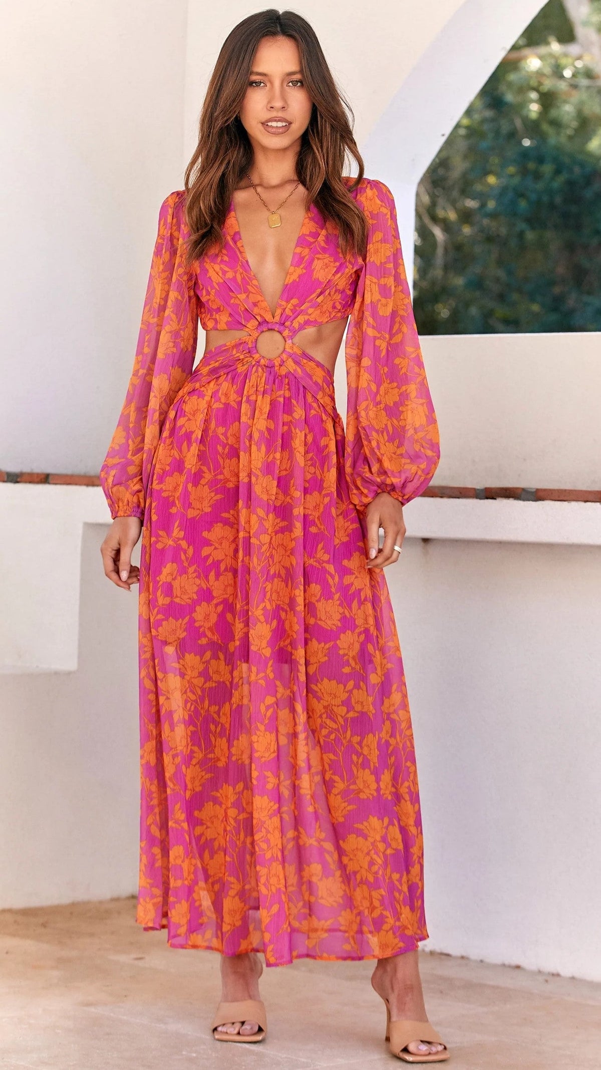 Orange Floral Long Sleeves Midi Dress