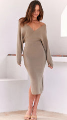 Khaki Knit Surplice Sweater Dress