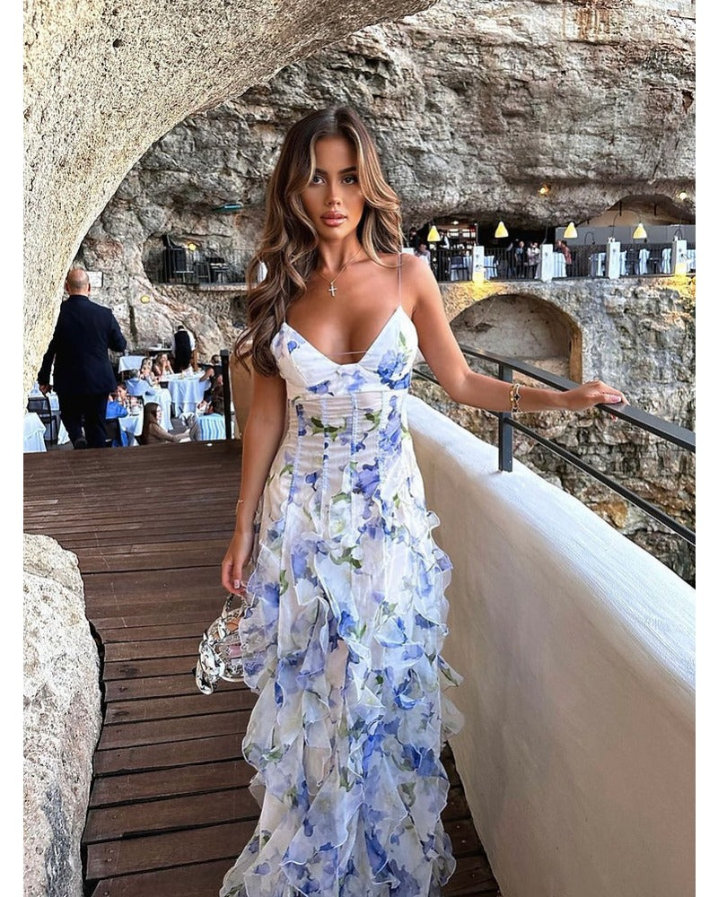 2024ss sexy halter plant-print wrap dress