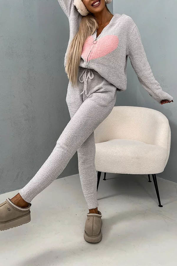 Listen To Your Heart Printed Plush Zipper Hooded Lounge Coat