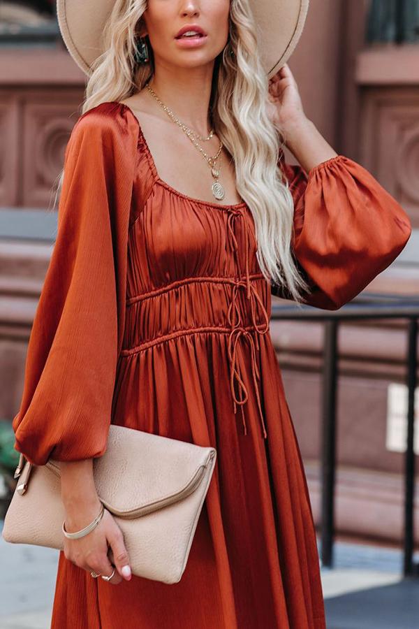 Maple Kiss Satin Pocketed Drawstring Midi Dress