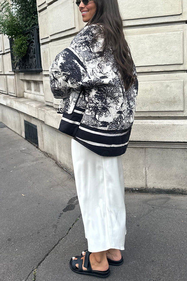 Romantic Songs Porcelain Ink Printed Pocket Quilted Cotton Kimono Jacket