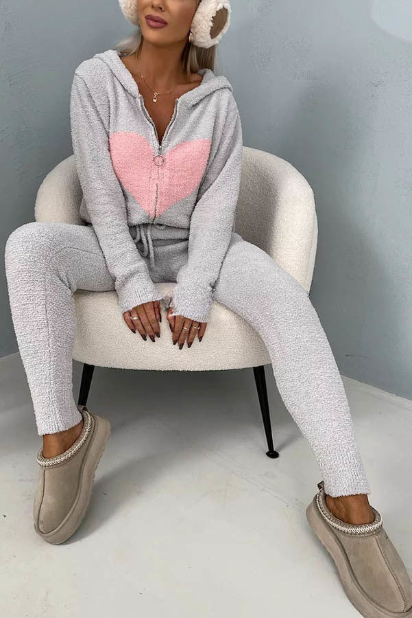 Listen To Your Heart Printed Plush Zipper Hooded Lounge Coat