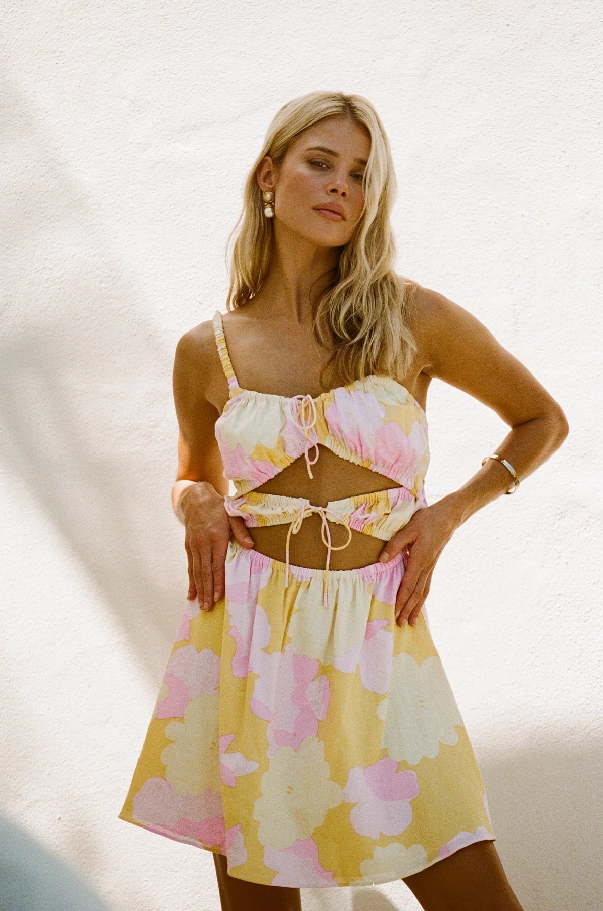 Yellow Cutout Waist Mini Dress