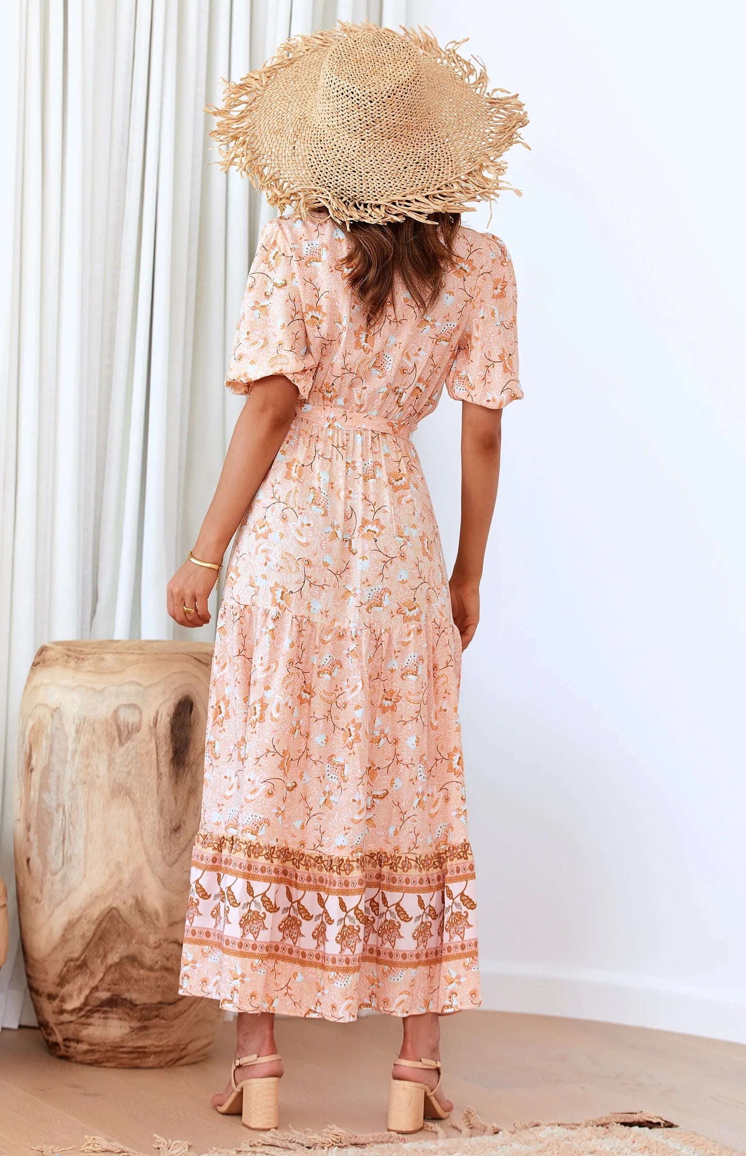 Coral Floral Wrap Midi Dress