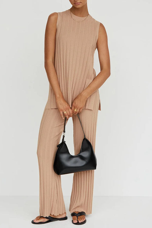 Franky Knit Ribbed Loose Tank Top and Stretch Flare Pants Set