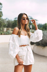 White Crochet Long Sleeves Crop Top